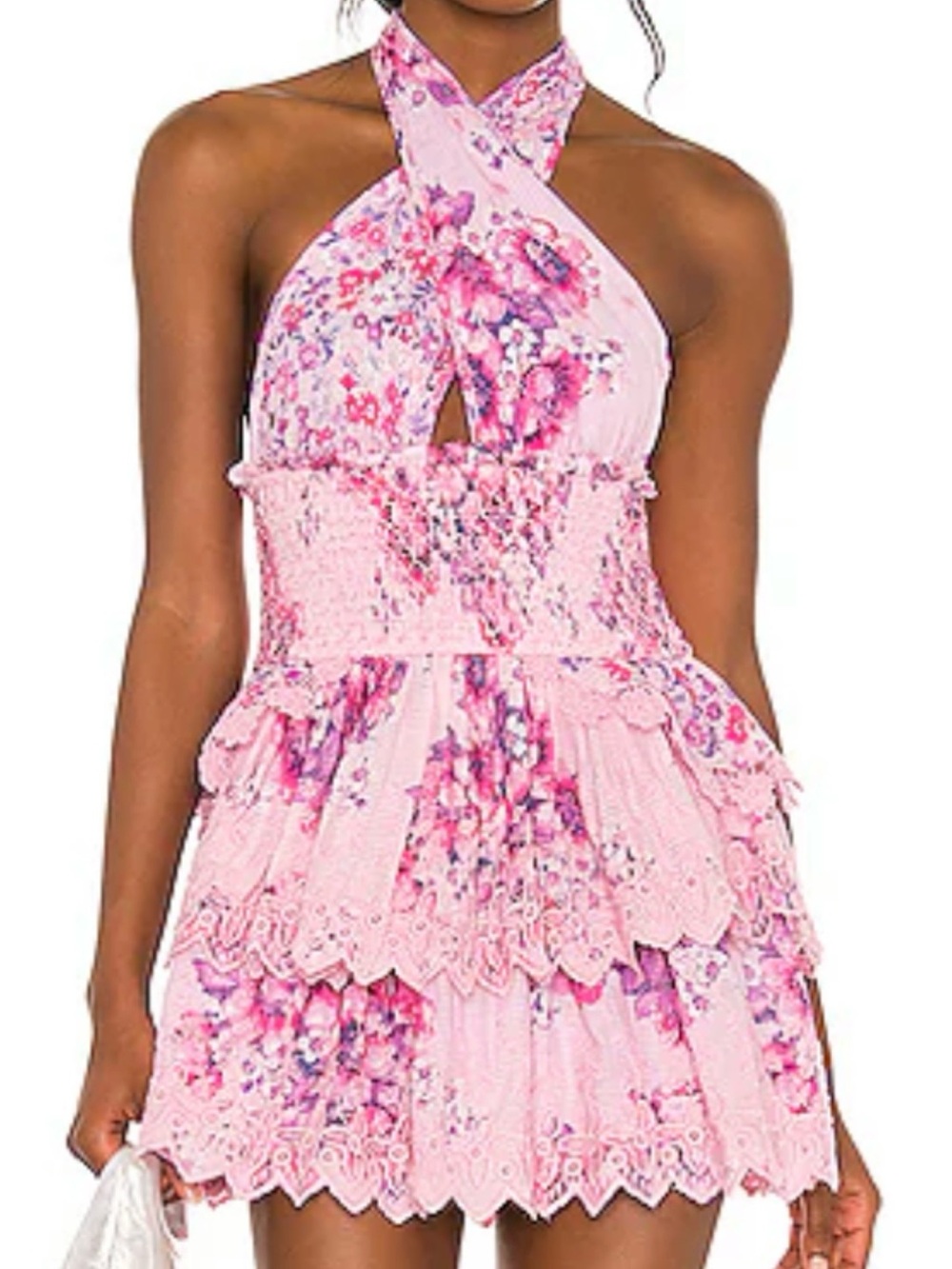 LoveShackFancy Pink Floral Halter Smocked Tiered Mini Dress